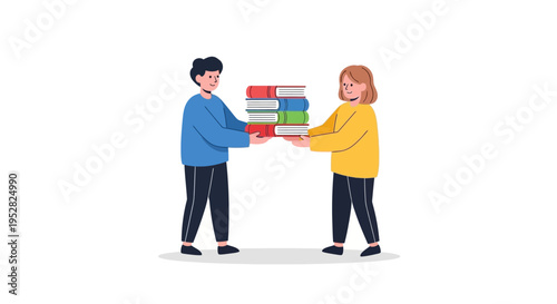 Two People Sharing Books, Education Concept, Knowledge Transfer