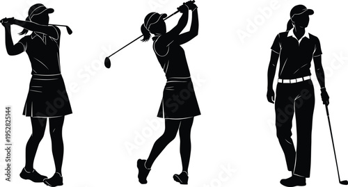 Golf silhouettes of athletes swinging clubs on course, showcasing sports activity, dynamic movement, athletic performance, leisure recreation, and competitive training illustration