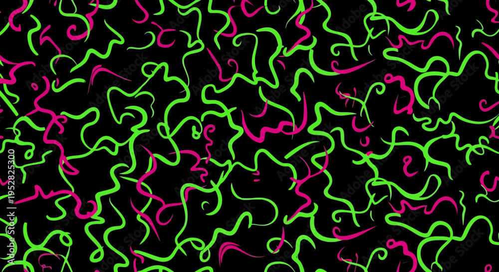 Obraz premium Abstract neon green and pink squiggle pattern on black background.