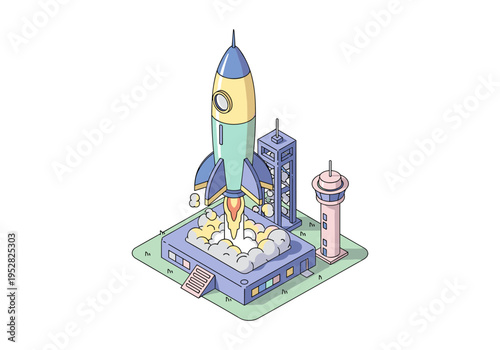 Cartoon rocket launching from a spaceport with smoke and control tower in isometric view