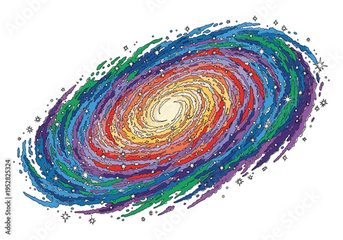 Vibrant spiral galaxy illustration with colorful arms and twinkling stars on a white background