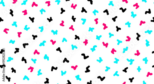 Seamless retro confetti pattern of colorful cyan magenta and black bow tie shapes on white background.