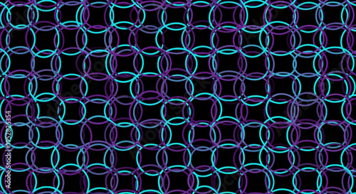 Abstract neon interlocking rings grid pattern on black background.