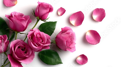 Pink roses bloom with green leaves against white. Petals scatter gracefully around stems. Soft light highlights natural beauty. Ideal for romantic, wedding, or spring-themed designs