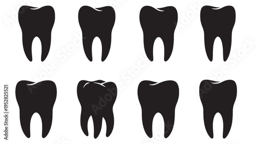 Teeth black icons set with different shapes and roots on white background, dental clinic symbol featuring tooth, dentistry, molar with incisor and