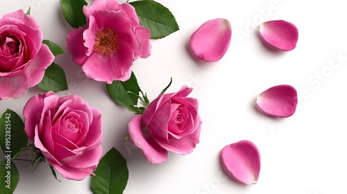 Pink roses with green leaves and scattered petals on white background. Soft, romantic, floral arrangement. Ideal for greeting cards, weddings, or spring-themed designs
