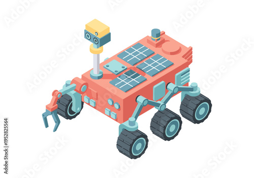 Isometric illustration of a futuristic Mars rover with solar panels and robotic arm