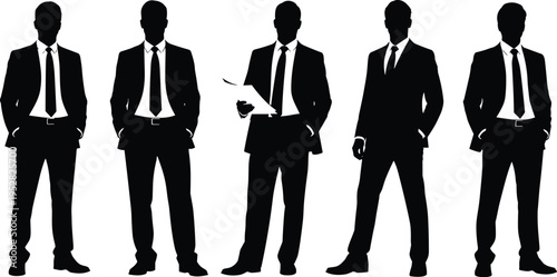 Professional business silhouettes of corporate men in suits standing in formal poses, teamwork concept, leadership illustration for workplace and office.