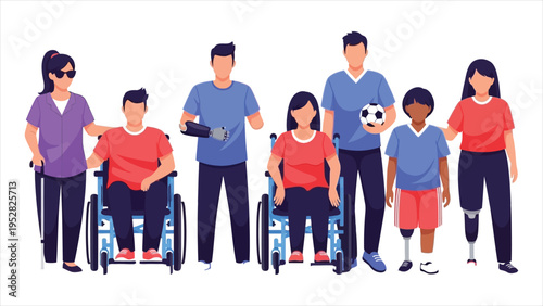 Inclusive People with Disabilities Vector Set – Men and Women Using Wheelchairs, Prosthetics, and Adaptive Sports Equipment
