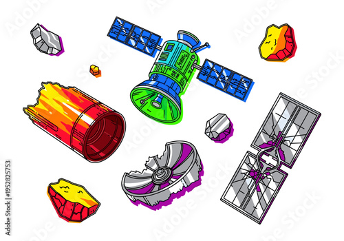 Space debris and satellite fragments floating in orbit around Earth