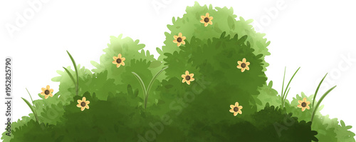 Vivid green bush with white and yellow flowers, suitable for botanical, garden, or nature-themed designs.