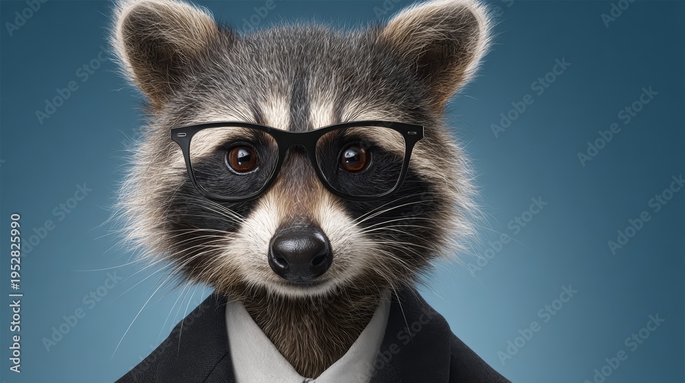 Naklejka premium Raccoon wears glasses and a suit, looking smart and confident. The background is solid blue, making the raccoon stand out. Perfect for business, education, or quirky office themes