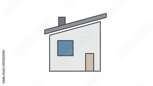 Simple white house with gray roof and chimney blue window and beige door minimalistic illustration