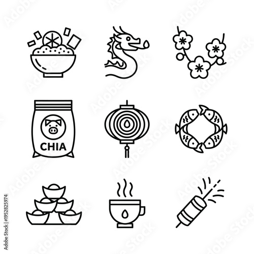Chinese New Year Icons Collection Featuring Festive Symbols.