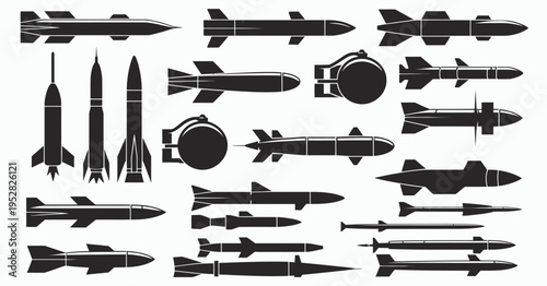 Collection missile and bomb icon set, black silhouette military ordnance in various shapes and fins, CAD drawing flat vector illustration, clean minimal weapon symbols