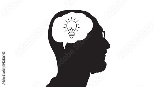Silhouette head profile with a lightbulb inside a thought bubble, representing an idea and innovation.