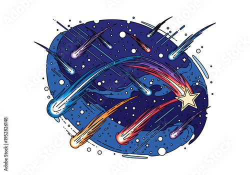 Vibrant illustration of a meteor shower streaking across a starry night sky with a central star