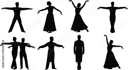 Silhouette illustration of ballroom dancers performing elegant poses, classical dance movement, cultural performance, expressive choreography, vector art concept