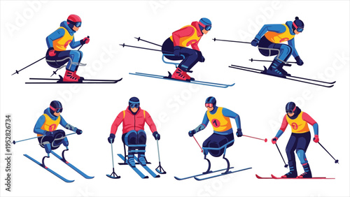 Paralympic Icon Set – Adaptive Athlete Cross-Country Skiing with Prosthetic and Para Sports Equipment