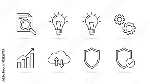 Business and technology icons set including light bulbs gears and security symbols for concepts