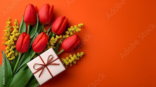 Vibrant red tulips and yellow mimosa flowers surround a white gift box tied with a brown ribbon. The bright orange background creates a festive, warm, celebratory mood