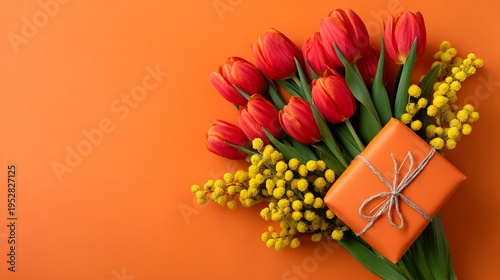 Orange background with red tulips and yellow mimosa flowers. Wrapped gift box sits beside the bouquet. Celebratory spring or Mother's Day theme. Warm, joyful, festive atmosphere