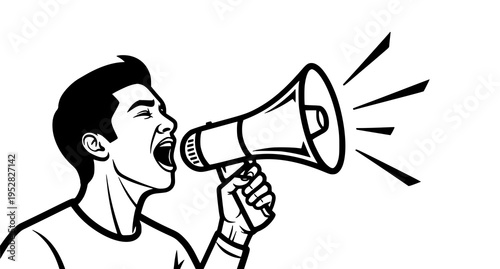 A young man shouting loudly into a handheld megaphone to communicate an important announcement here Vector