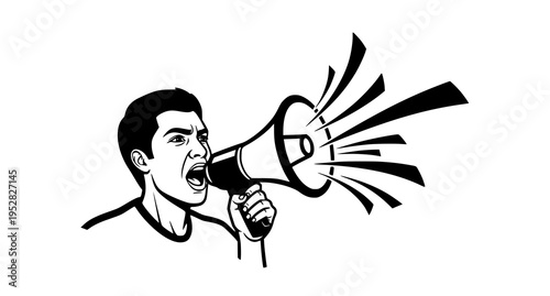 A young man shouting loudly into a megaphone to announce important news to a large public audience Vector
