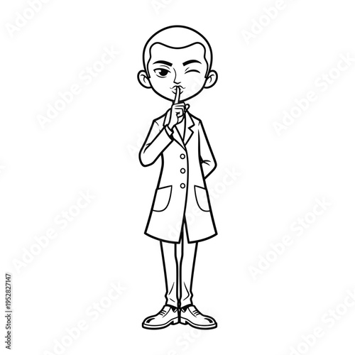 Cartoon character in lab coat making a shushing gesture.
