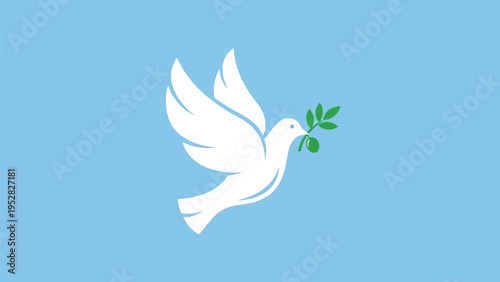 White dove flying with olive branch on light blue background symbolizing peace and harmony