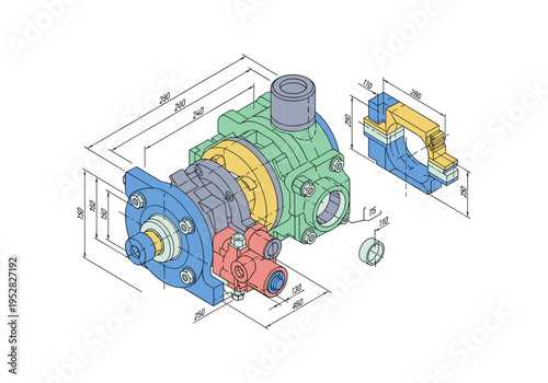 Isometric technical drawing of a complex mechanical pump assembly with dimensions