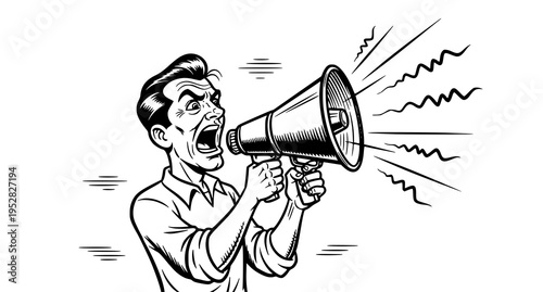 An angry man yelling through a vintage megaphone in a classic retro comic book illustration style Vector