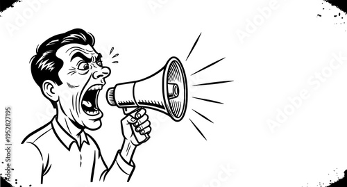 An aggressive man shouting into a megaphone in a vintage comic book art illustration style graphic Vector