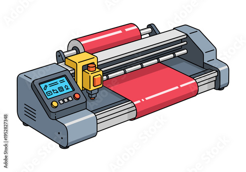 Modern vinyl cutter machine with red material on white background, isometric view