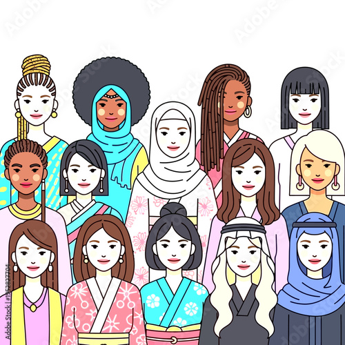 Diverse women from various cultures in a global community illustration, celebrating multiculturalism and female empowerment.