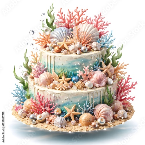 Zweistufige Meerestorte mit Muscheln, Seesternen, Korallen und Algen – dekorative Unterwasser-Torte mit maritimem Motiv und farbenfroher Riffgestaltung.