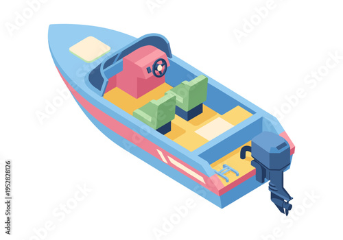 Isometric illustration of a small blue motorboat with pink and yellow accents, ready for adventure