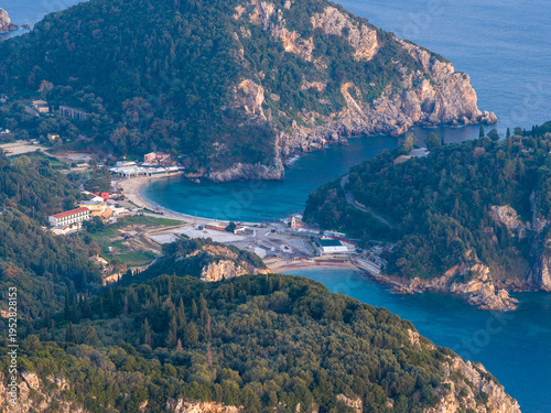 Cuadro en lienzo Detailed aerial view of the double bays at Paleokastritsa showing the Ampelaki a
