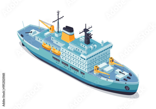 Isometric illustration of a modern cargo ship with cranes and lifeboats on a white background