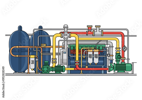 Industrial pump system with tanks and engine, schematic illustration