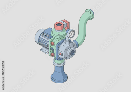 Industrial centrifugal pump with electric motor and pressure gauge, isometric view