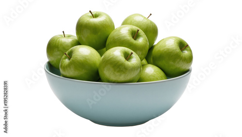 Canvas Print Isolated fresh green apples overflowing from a light blue bowl, healthy and ripe