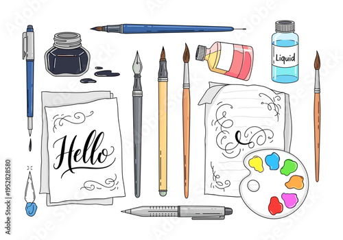 Artistic tools and supplies for calligraphy, painting, and drawing, arranged neatly