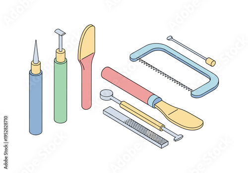 Collection of isometric crafting and modeling tools on a white background