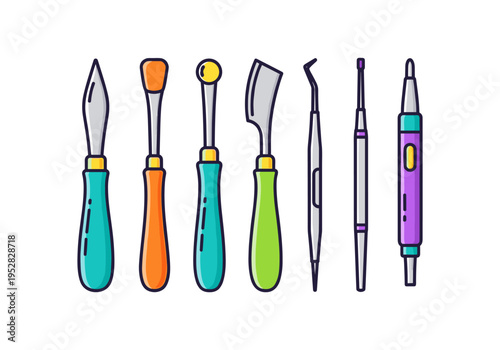 Collection of colorful sculpting and carving tools with distinct shapes and handles