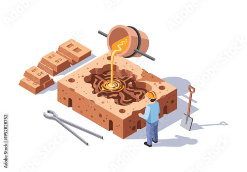 Industrial foundry worker pouring molten metal into a sand mold for casting intricate parts