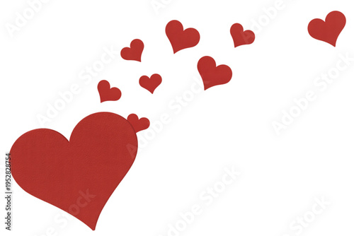 A cluster of red hearts floating in mid-air with smaller hearts trailing behind