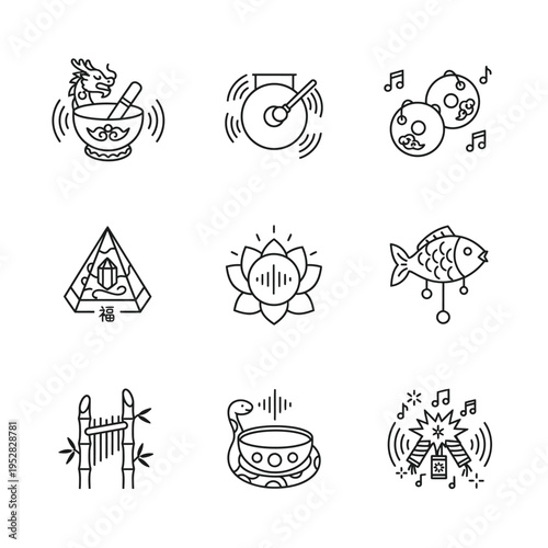 Collection of Chinese New Year and cultural icons with symbolic meanings.