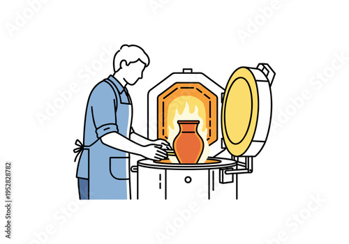 Potter carefully places a clay vase into a hot kiln for firing