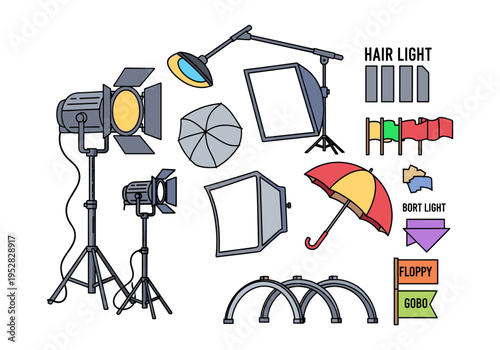 Collection of professional photography lighting equipment and accessories for studio setup